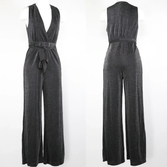 Anthropologie Greylin Black Shimmer Glitter Plunge Neck Wide Leg Jumpsuit Small - Picture 12 of 12